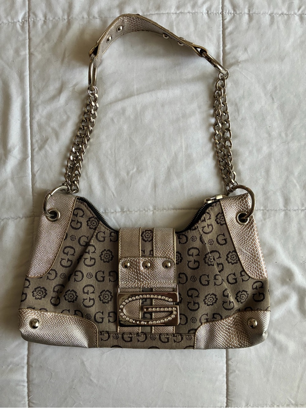 Y2K Gussaci Monogram Shoulder Bag in Metallic Beige